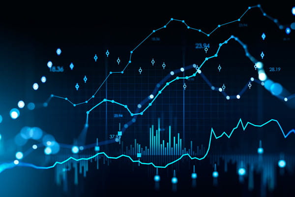 Blue data points and analytical graphs, data and analytics imagery.