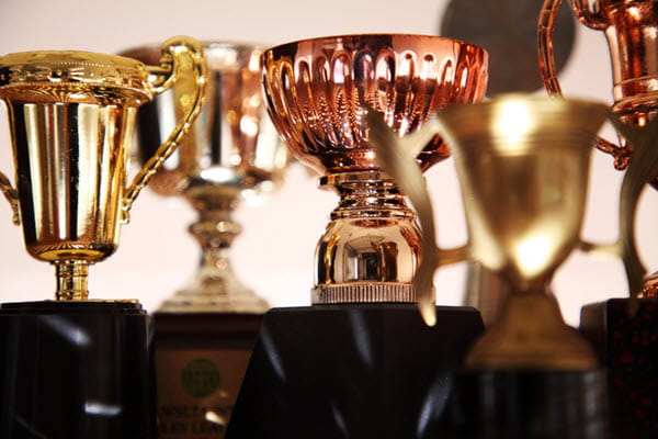 A shelf filled with trophies.