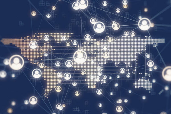 Global map made up of data dots and profile icons.