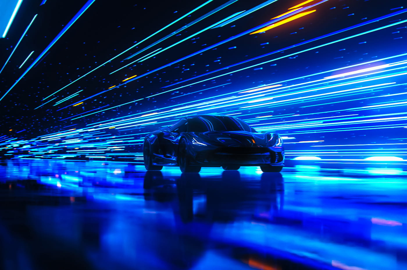 A car driving through a tunnel with blue lights.