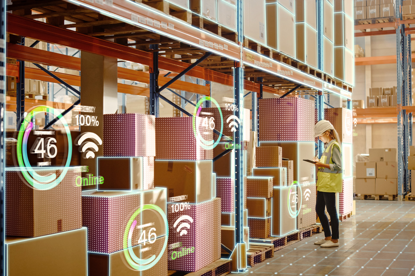 A woman using technology in a warehouse to check inventory.