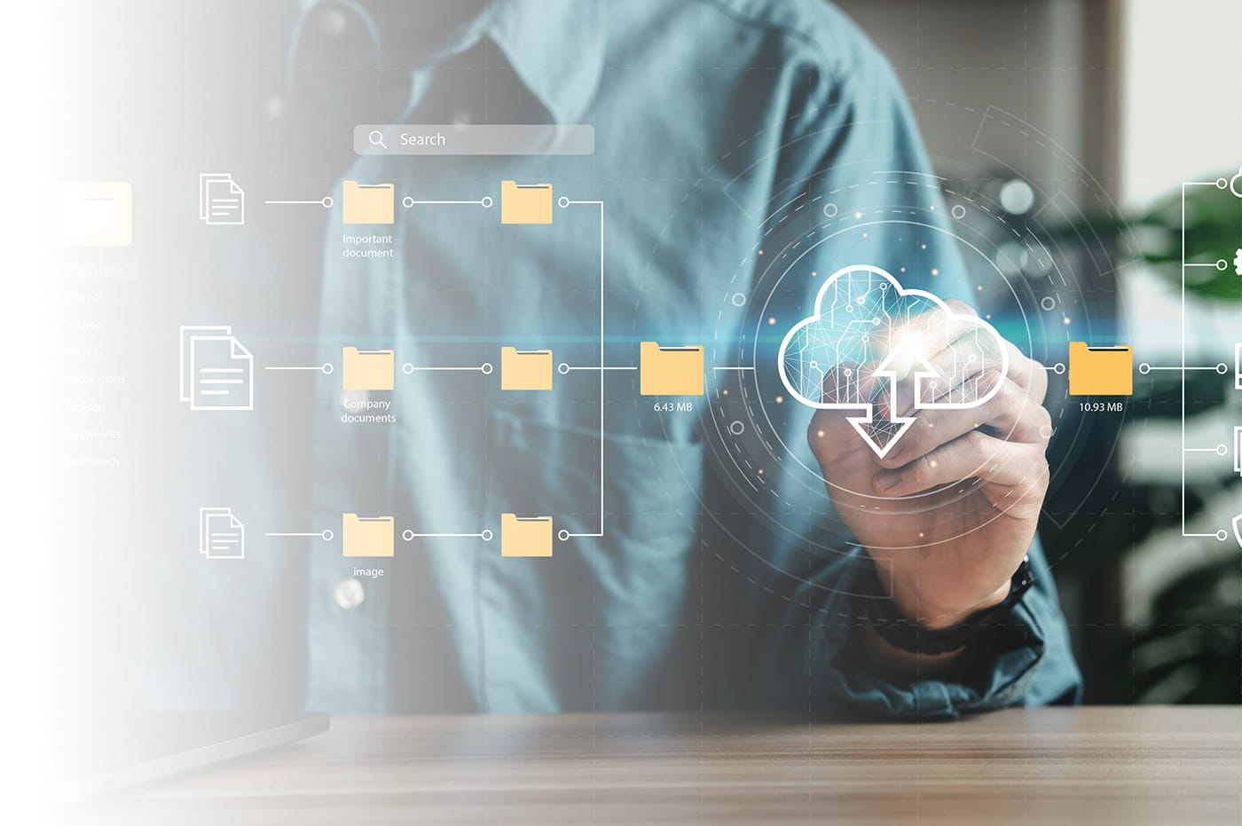 A man touching a Digital Screen with a Cloud uploading multiple folders